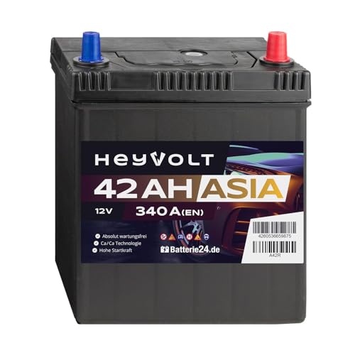 HeyVolt Asia Autobatterie 12V 42Ah 340A/EN Starterbatterie, absolut wartungsfrei ersetzt 35Ah 40Ah, Pluspol Rechts
