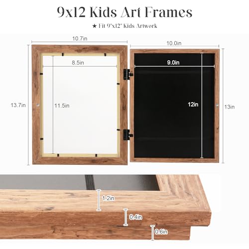 Image of GULETHUN [2-Pack] Kids Art Frames, 9x12 Front Opening Kids Artwork Frames Changeable, Dark Wood Grain Artwork Display Storage Frame for Wall, Holds 50 Pcs, for 3D Picture, Crafts, Children Drawing