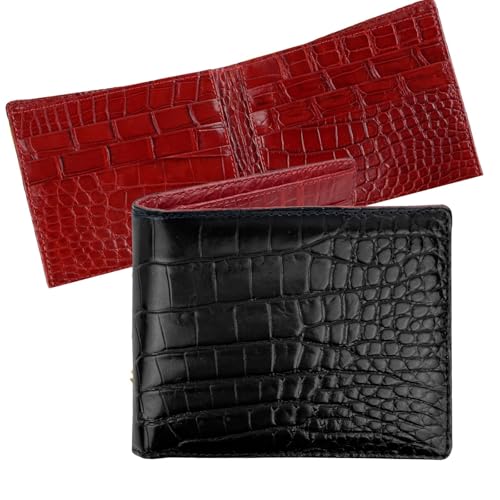 Image of HATA Black Red Bifold Leather Wallet for Men, Exotic Double-Sided Leather Wallet with RFID Blocking, Slim Credit Card Holder, Handmade Gift for Birthday, Anniversary, Father's Day VILE-112