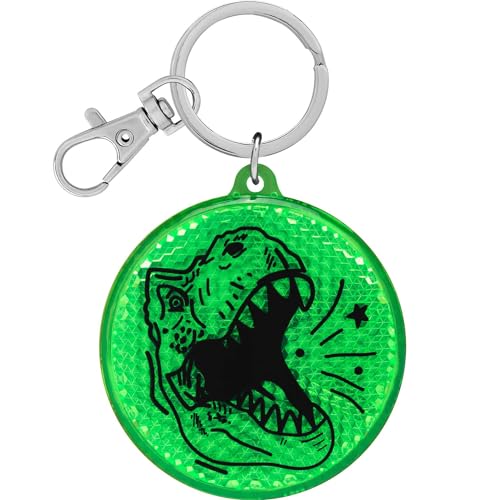 GRUSS & CO Reflektor Motiv 'Dino' | Runder Anhänger mit Schlüsselring und Karabinerverschluss, Schlüsselanhänger auf Headercard, Reflektoranhänger | Kindergeburtstag, Geschenk, Schulstart | 70139