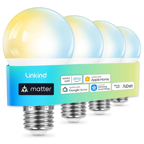 Linkind Matter Smart Light Bulb, Soft White to Daylight Tunable Alexa Light Bulbs, Smart Bulbs Work with Apple Home, Alexa, Google Home, SmartThings, 2.4GHz Wi-Fi LED, A19 E26, 800LM, 60W (4-Pack)