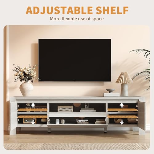 Image of TV Stand with Cabinet Doors, Entertainment Center with Adjustable Shelves, Media Console with Cable Management for Living Room or Bedroom，Grey