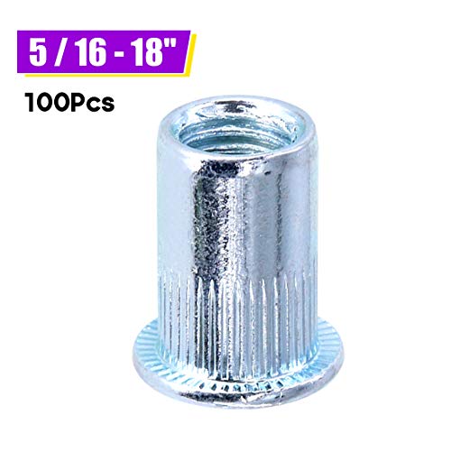 Swpeet 100Pcs 5/16-18" Imperial Zinc Plated Carbon Steel Blue White Knurled Rivet Nut Flat Head Threaded Insert Nutsert