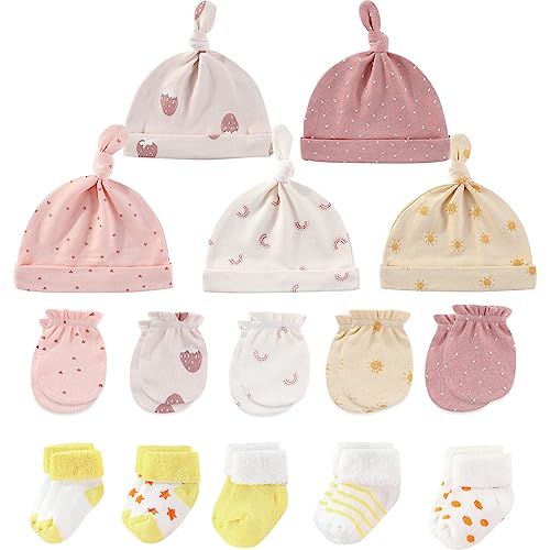 Image of MAMIMAKA Newborn Baby Boy Girl Caps Mittens Socks Set Cotton Baby Essentials Accessories (Hats+Gloves+Socks)