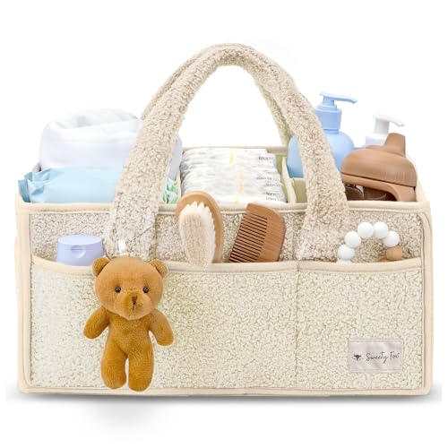 Image of Sweety Fox Baby Diaper Caddy Organizer with Handle - Portable Sherpa Nursery Basket - Car Diaper Organizer, Cleaning Caddy, Gift for Baby Shower - Ivory