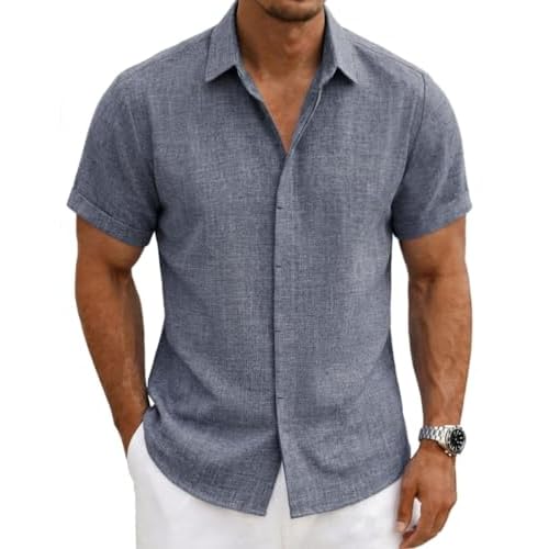 Mens Linen Shirts Short Sleeve Casual Shirt Button Down Summer Beach Vacation Tops Men Casual Dress Shirts Breathable