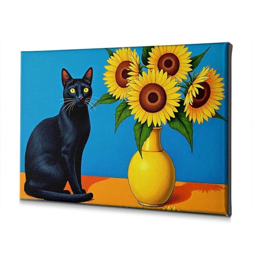 Toile chat noir et vase jaune de tournesols pour une ambiance douce et poétique
