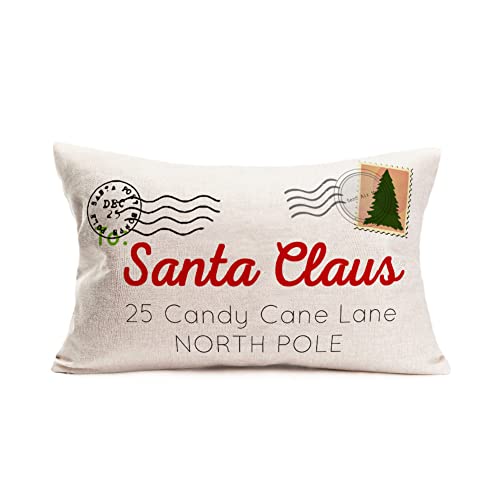Qinqingo 5287761109646 Design Throw Pillow Covers With Santa Claus 25 Candy Cane Lane North Pole Quote Christmas Cotton Linen Lumbar Pillow Covers 12 X 20 Inches cover