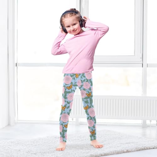 Rose Line Butterflies Floral Girls Leggings Soft Stretch Workout Yoga Dance Pants for Kids Casual Tights4