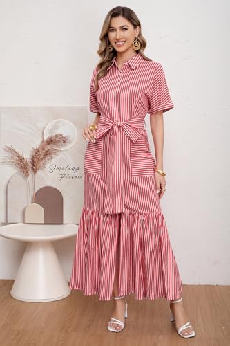 Image of utcoco Women's 2026 Summer Casual Striped Button Down Maxi Dress Tie Waist Short Sleeve Shirt Dress with Pockets