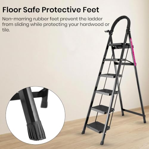 Image of Casa Copenhagen Black 6 Step Ladder for Home Use with Built-in Tool Tray | Heavy Duty D Shape Rods | Ultra Large Platform | Wide Rubber Feet | 150Kg Capacity Foldable Ladder - 7 Years Warranty