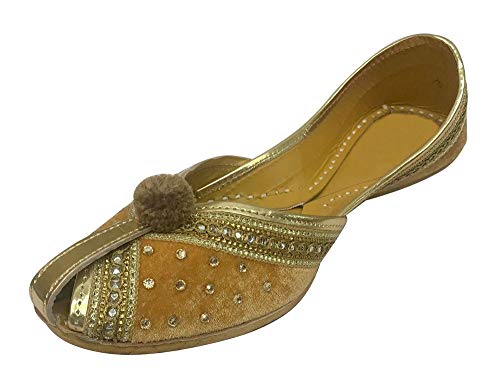 Step n Style Women Velvet&Leather Khussa Shoes Punjabi Jutti Indian Handmade Flip Flop, Gold, 9 B(M) US