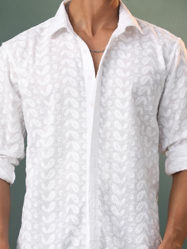 Image of VASTRAMAY Men's Cotton Ethnic Shirt I Slim Fit Solid Chikankari Regular Shirt I Everyday Casual Summer Ease Long Sleeves Shirts