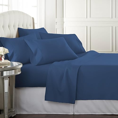 Danjor Linens Bed Sheet Set Full Size for Teens, Hotel Premium Sheets with 4 Pillowcases, Lightweight Brushed Microfiber Deep Pockets, Breathable Cooling 6 Piece Bedding Sets, Navy