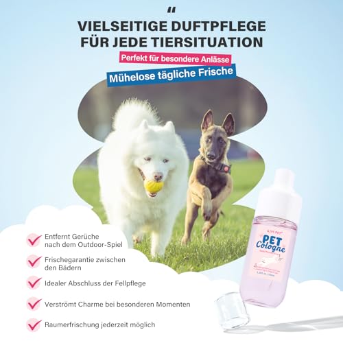 Hundeparfüm Spray Babypuder Duft, Parfum für Hunde und Katzen, Langzeit Deospray gegen Gerüche, Geruchsneutralisierendes Fellpflege-Spray, Nicht klebende Formel, Reisefreundlich, 100 ml