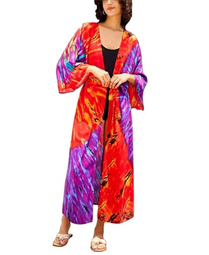 Image of Women's Kimono Cover Up Long Beach Dress Swimsuit Cover Ups Colorful Cardigan Lightweight Robe for Swimwear