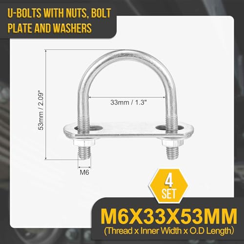 Image of DTGN M6x33x53mm U Bolts Round Kit - 4Set - 304 Stainless Steel U-Bolt Kit with Nuts, Washers, Frame Plate - Good for Pipe, Trailer, Automotive, Leaf Spring Fastener