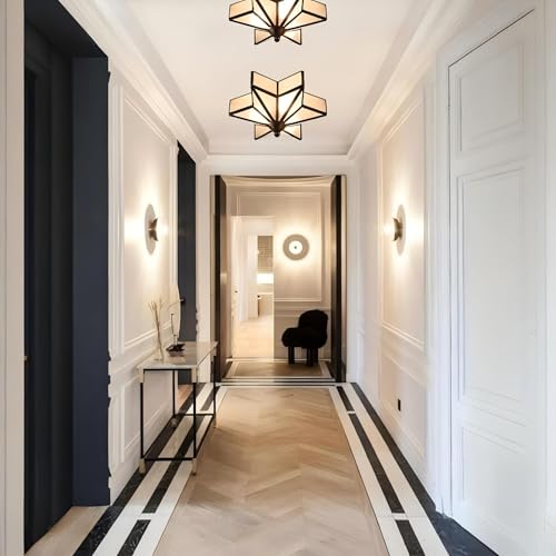 Image of LIGHTLAND 11.8 Inch Flush Mount Star Ceiling Light, 3 Lights Brass Ceiling Lamp with Glass Lampshade, Art Deco Close to Ceiling Light Fixtures for Entryway Hallway Porch, Black