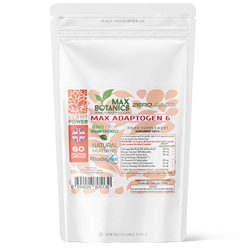 Max Adaptogen 6 | Ashwagandha, Bacopa, Cordyceps, Holy Basil, RhodioIa Rosea, Siberian Ginseng | Natural | Vegan | UK Manufactured | GMP Standard (60 Capsule Pouch)