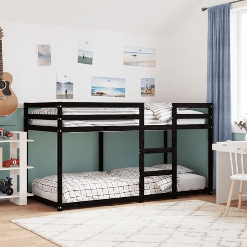 Gecheer Litera de Madera Maciza de Pino Negro 90x200 cm,Mueble Cama Individual Doble Dormitorio Escalera Barandillas Protección Juvenil Niños Infantiles Litera para niños