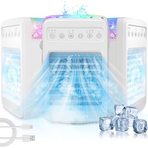 Verminget Portable Evaporative Air Cooler, Air Conditioners with Water Tank, Ice Cube Tray, 4-Speed, Oscillating Swamp Cooler with 2/4/6 Timer, Personal Small AC Cooling Fan for Room Office