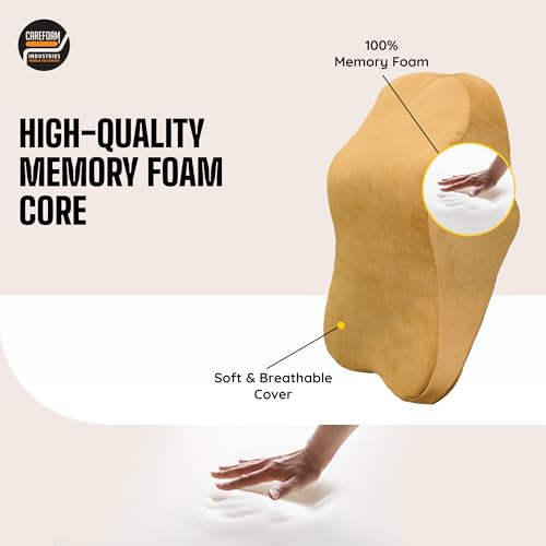 Image of CareFoam Ultimate Memory Foam Car Neck Rest Pillow, Comfortable Rides, Superior Neck Support Cushion, Relieves Neck Pain, Tan Velvet Cover | 14 x11 x5 Inch | Small Pack of 1