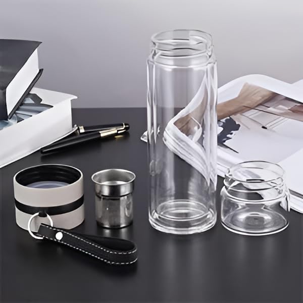 SHREE KASHTBHANJAN INTERNATIONAL Glass Tea Infuser Bottle Tea Flood Cup Double Wall Borosilicate Portable Travel Tumbler Mug Leakproof for Loose Leaf Flower Herbal Tea Bags /350ML (Pack of 2)