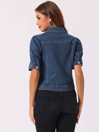 Allegra K Casual Jean Jacket for Women's Short Puff Sleeves Button-Down Denim Jacket4