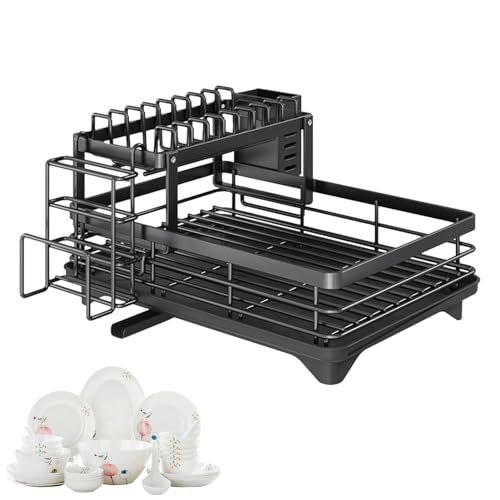 Estante de secado de cocina – Estante de secado de platos de acero al carbono, estante de almacenamiento para utensilios | Organizador de encimeras, tendedero, almacenamiento de cocina para platillos