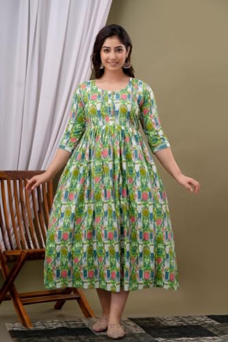 Image of Amazon Brand - Tavasya Women Botanical Floral Printed Maternity Midi Dress | Round Neck | 3 /4 Ruffle Sleeves | Concealed Feeding Zip | Gathered Tiered Nursing Dress