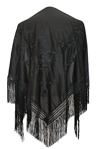 La Senorita Spanish Flamenco Dance Shawl black with black flowers size L