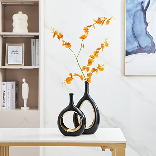Ceramic Vase Set 2 For Black Vases Home Decor, Hollow Round Flower Vases For Decor, Donut Vase, Pampas Grass Vase, Minimalism Decor For Wedding Dinner Table Living Room Bedroom (Black Vase) #TOP4