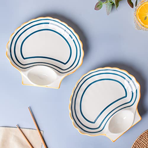 Image of Nestasia Set of 2 Ceramic Shell-Shaped Snack Plate with Dip Section for Chutney | Microwave & Dishwasher Safe Starter Plates | Perfect for Fries, Momos, Sushi, Kebab (White & Blue)