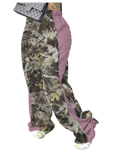 GORGLITTER Women's Camo Sweatpants Baggy Wide Leg Y2k Outfits Travel Fall Fashion Cute Jogger Sweat Pants Green and Pink Large