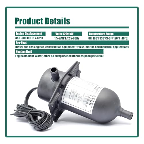YUXIVCNE TPS151GT10-000 Engine Block Heater 1500W 120V Option 100-120F Coolant Pre-Heater Compatible with Diesel & Gas Engines Generator Tractor Truck Boat Replace TPS151GT8-000 590-893 Without Plug
