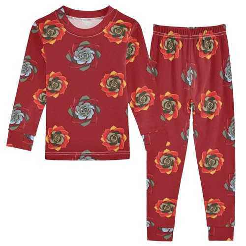Pajama Sets Long Sleeve Floral Design on Red Background Soft Comfy Sleepwear 2 Piece PJS 3-8T