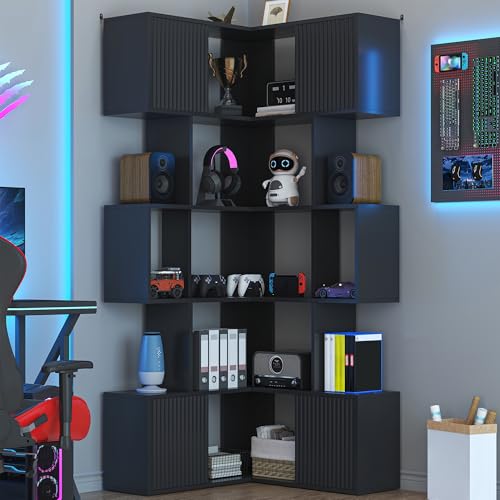 Image of kepptory 5 Tier Corner Bookshelf, 71 inch Storage Bookcase, L-Shaped Cube Bookshelf, Modern Display Shelf Standing Unit, Wood Metal Living Room /Home Office /Bedroom Display Unit, Black