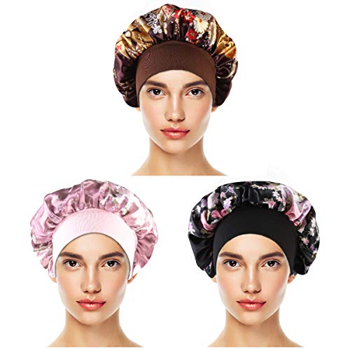 Wallfire Night Caps Satin Wide-Brimmed Sleeping Head Cover 3 Packs Ladies Satin Night Cap Hood Wash Cap Elastic Side Shower Cap Comfortable And Practical