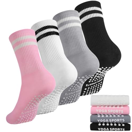Halinuia 4 Pièces de Chaussettes Pilates Femme Chaussette Yoga Antidérapantes Femme Chaussettes Antidérapantes Femme pour Yoga, Pilates, Ballet, Danse