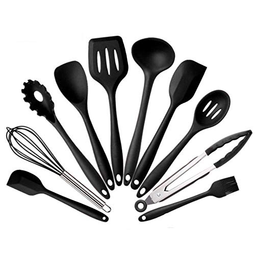 Juego De Utensilios De Cocina De Silicona, 10 Piezas De Utensilios De Cocina De Silicona Antiadherentes Y Antiadherentes Con Un Sólido Kit De Herramientas De Cocina De Barbacoa De Núcleo?Negro?