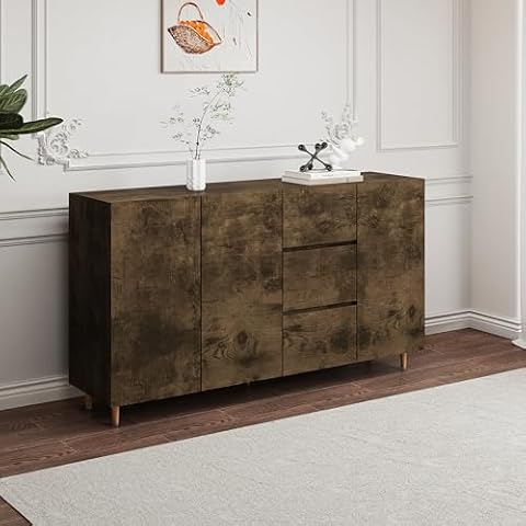 DS-HOMEPORT Black Brown Sideboard Buffet Cabinet with Storage, Modern Kitchen Storage Cabinet with Natural Material, Adjustable Shelves, Excellent Workmanship, for Dining Room, Living Room, Kitchen Cover