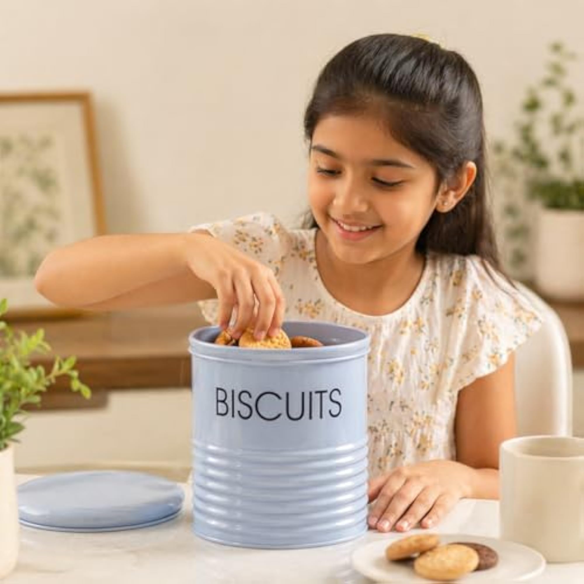 Blue Metal Biscuit Jar 1700ml | Cylindrical Food Storage Container