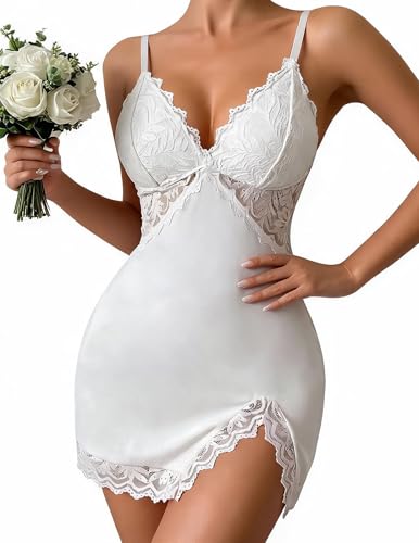Image of Avidlove Women's Lingerie Lace Nightgown Babydoll Modal Chemise Spaghetti Strap Sleepwear Sexy Slip Side Nightwear