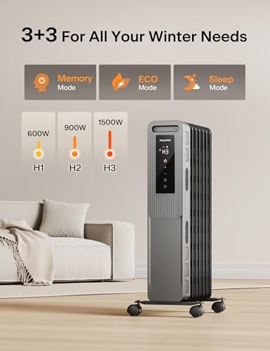 PELONIS Oil Filled Radiator, Electric Space Heater for Indoor Use Large Room with Thermostat & Remote, 3 Modes & 3 Heat Settings, ECO Mode, 24H Timer, Quiet, Overheat & Tip-Over Protection, 1500W - Thumbnail 3