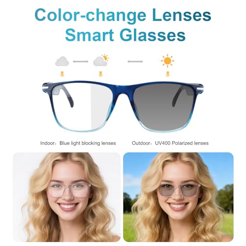 Image of GenXenon Bluetooth Smart Glasses for Men & Women, Blue Light Blocking & Photochromic Glasses with Speaker, Hand-Free Call /Music Sunglasses, IPX5 Waterproof, Audio Eyeglasses for Travel /Working-Blue