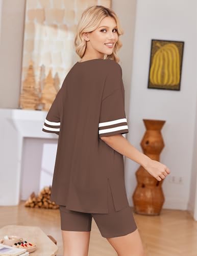 Image of Ekouaer Womens Pajamas Casual 2 Piece Short Sleeve Biker Shorts Lounge Set