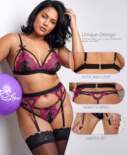 Image of RSLOVE Women Lingerie Set with Garter Belt | Heart Cutout Lace Design, Adjustable Fit, Soft Stretch Fabric, 3 Piece Romantic Lingerie Set