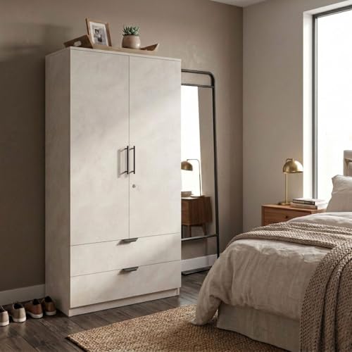 Image of FFO Keris 2 Door Wooden Wardrobe with 2 Drawers, Hanging Rod & Storage Shelves | Modern Clothes Almirah Cabinet with Lock & Black Handles for Home White DIY.