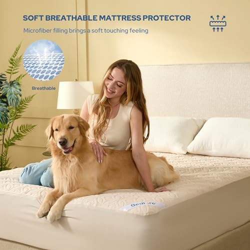 Image of BEDLORE 2 Pack Waterproof Mattress Protector, Queen Size Mattress Pad with Deep Pocket 6 inch-18 inch Depth, Soft Breathable Bed Mattress Cover for Home, Bedroom, Hotel (Beige)