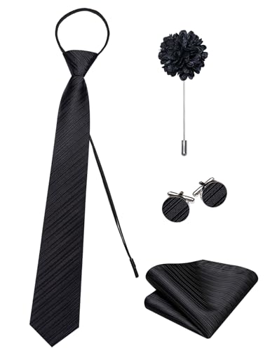 Image of Hi-Tie Zipper Ties for Men Pre-tied Tie Set Lapel Pin Pocket Square and Cufflinks Formal Business Wedding Adjustable Necktie